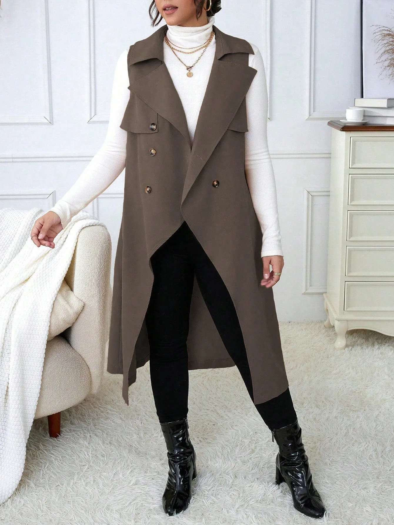 Plus Size Suit Collar Belted Vest Trench Coat