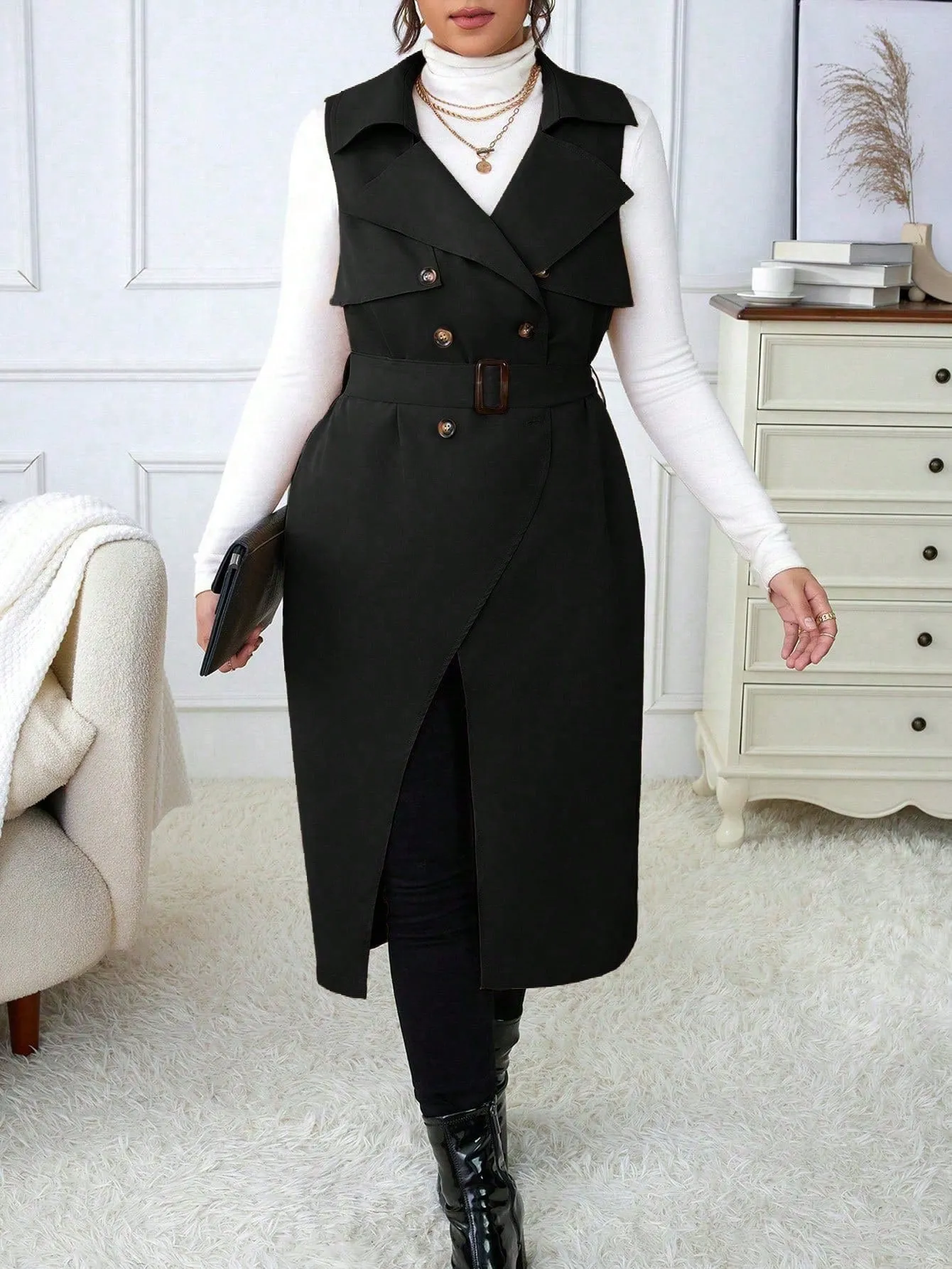 Plus Size Suit Collar Belted Vest Trench Coat