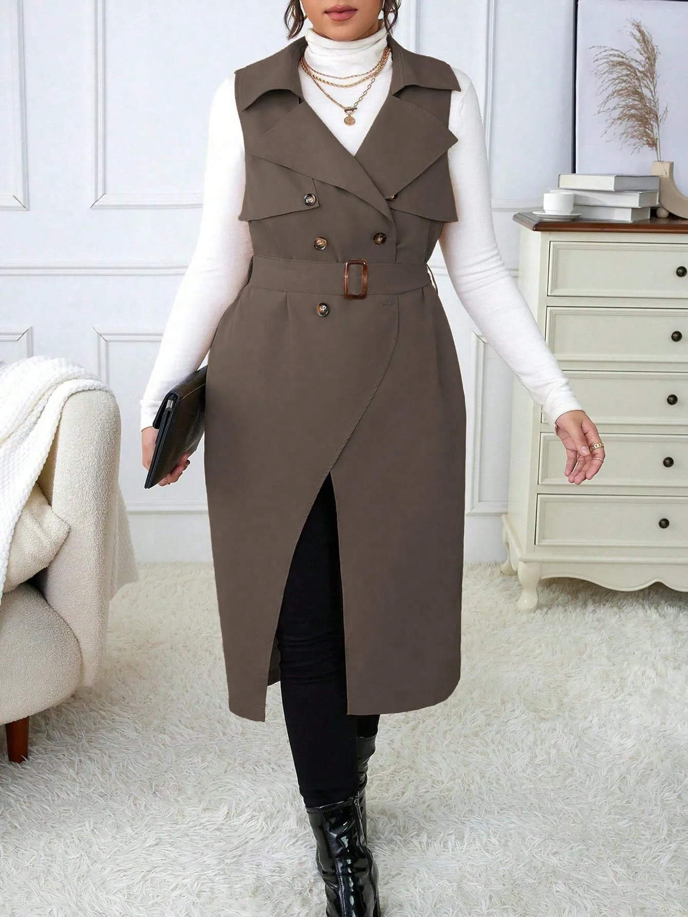 Plus Size Suit Collar Belted Vest Trench Coat