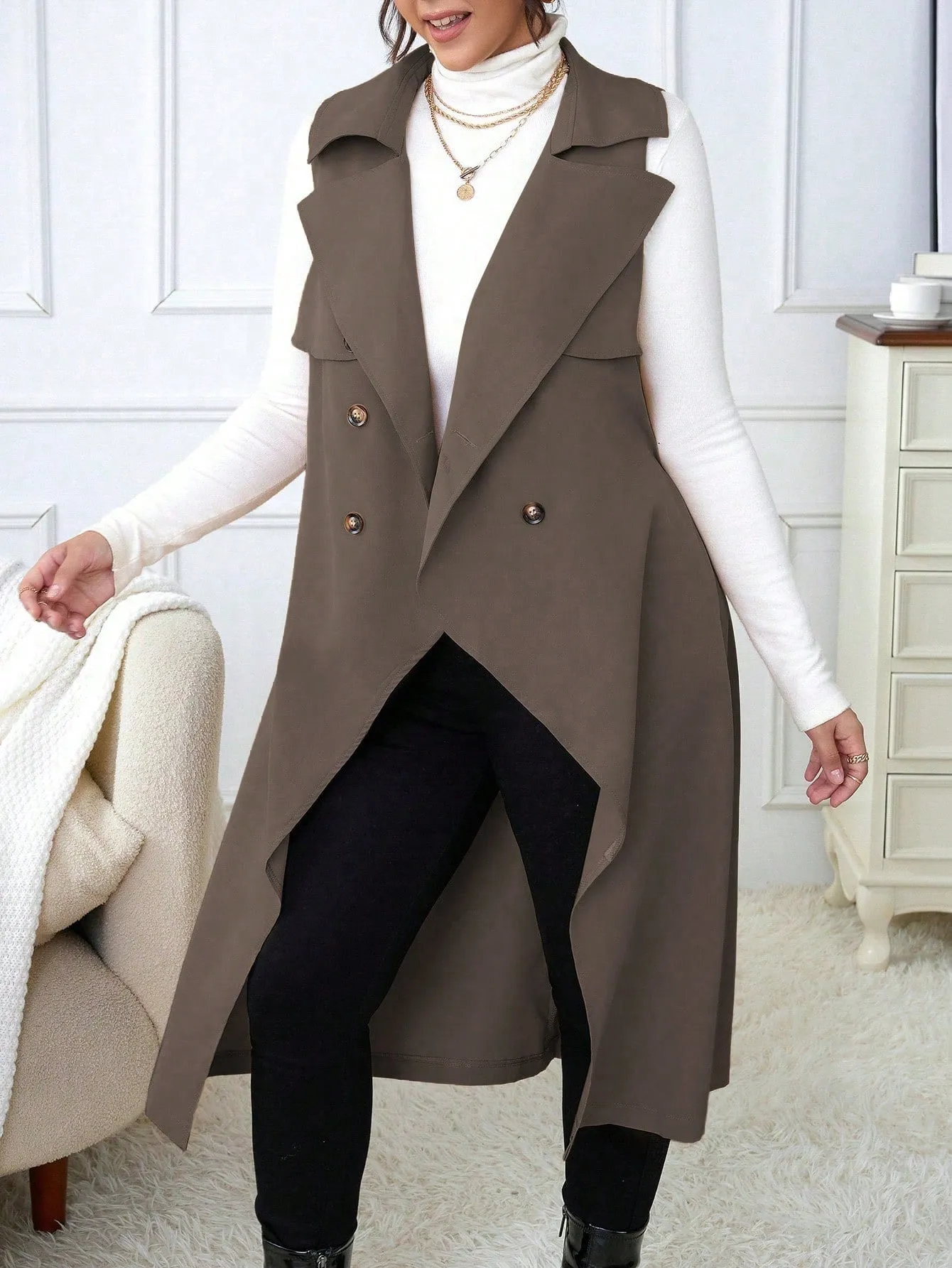 Plus Size Suit Collar Belted Vest Trench Coat