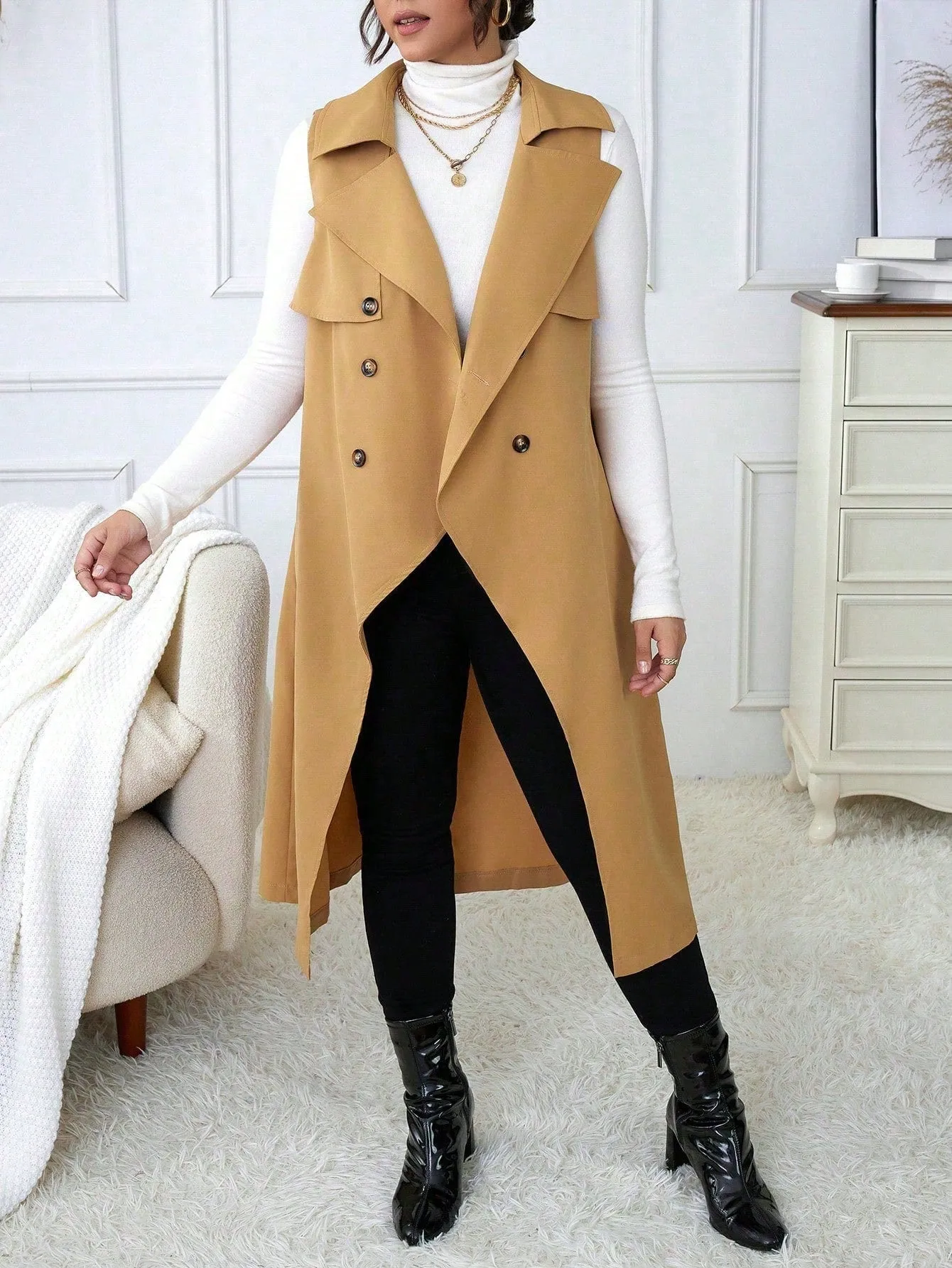 Plus Size Suit Collar Belted Vest Trench Coat