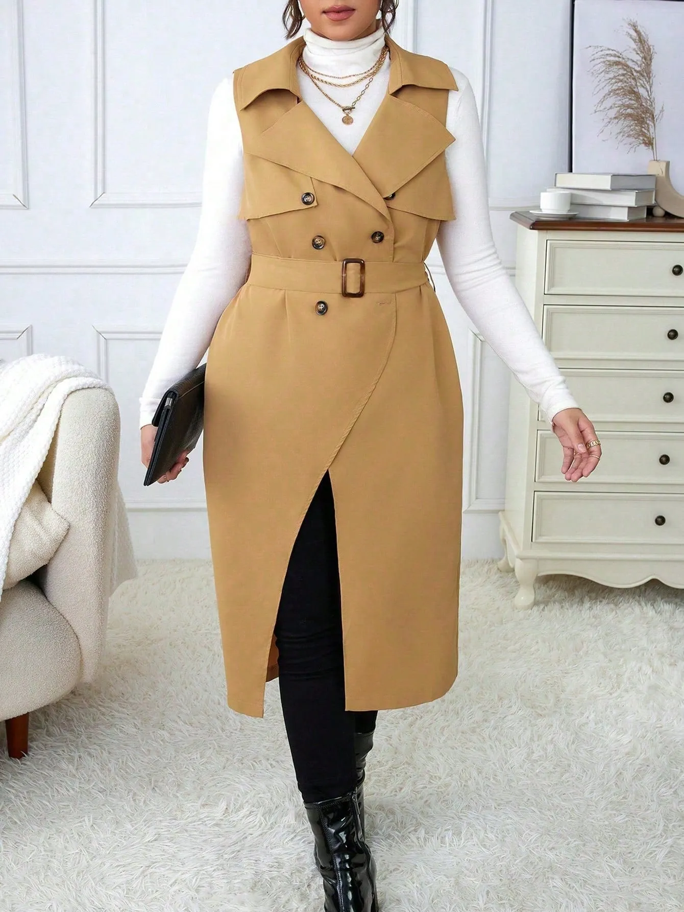 Plus Size Suit Collar Belted Vest Trench Coat