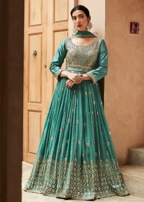 Premium Georgette Aqua Green Embellished Anarkali Dress