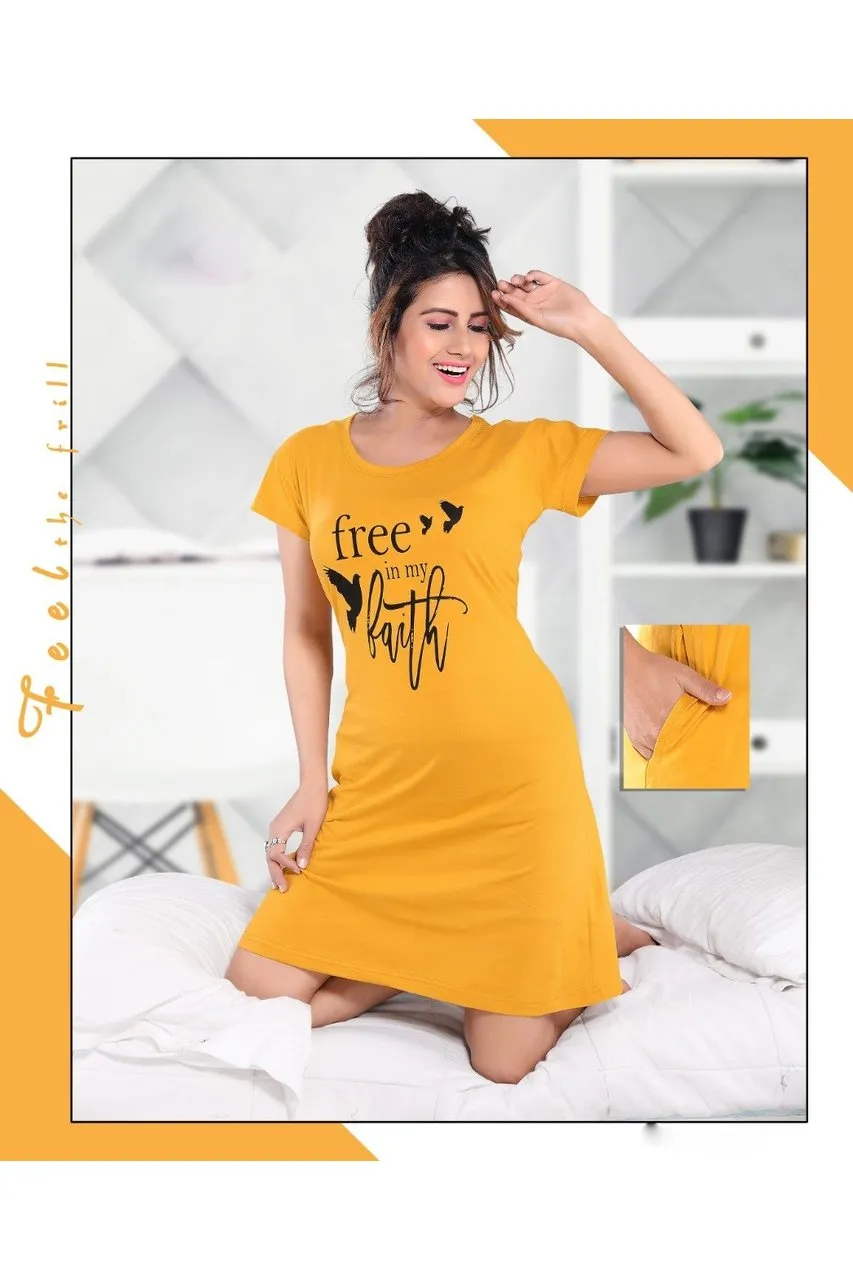 Printed Women Yellow Hosiery Short Nighty