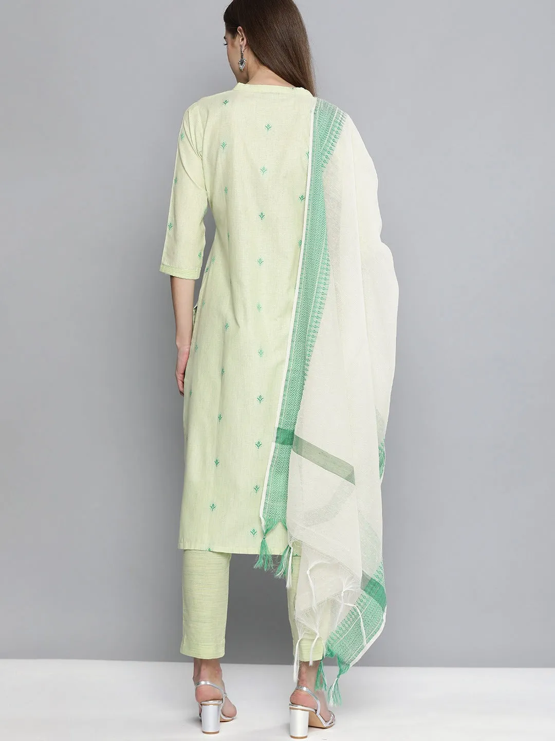 Pure Cotton Handloom Unstitched Green Ethnic Dress Material