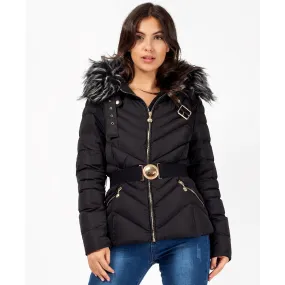 Quilted Faux Fur Hood Belted Bubble Puffer Jacket