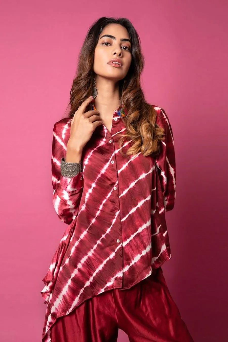 Raspberry Pink Asymmetric Shirt With Straight Leg Pants