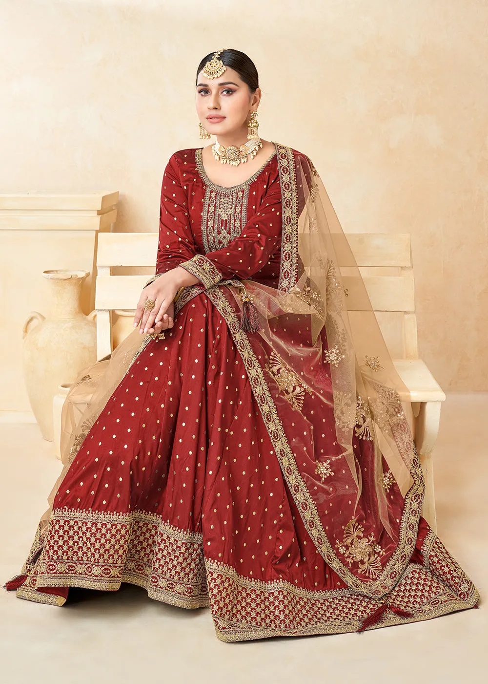 Red Silk Embroidered Indian Ethnic Wear Anarkali Dress