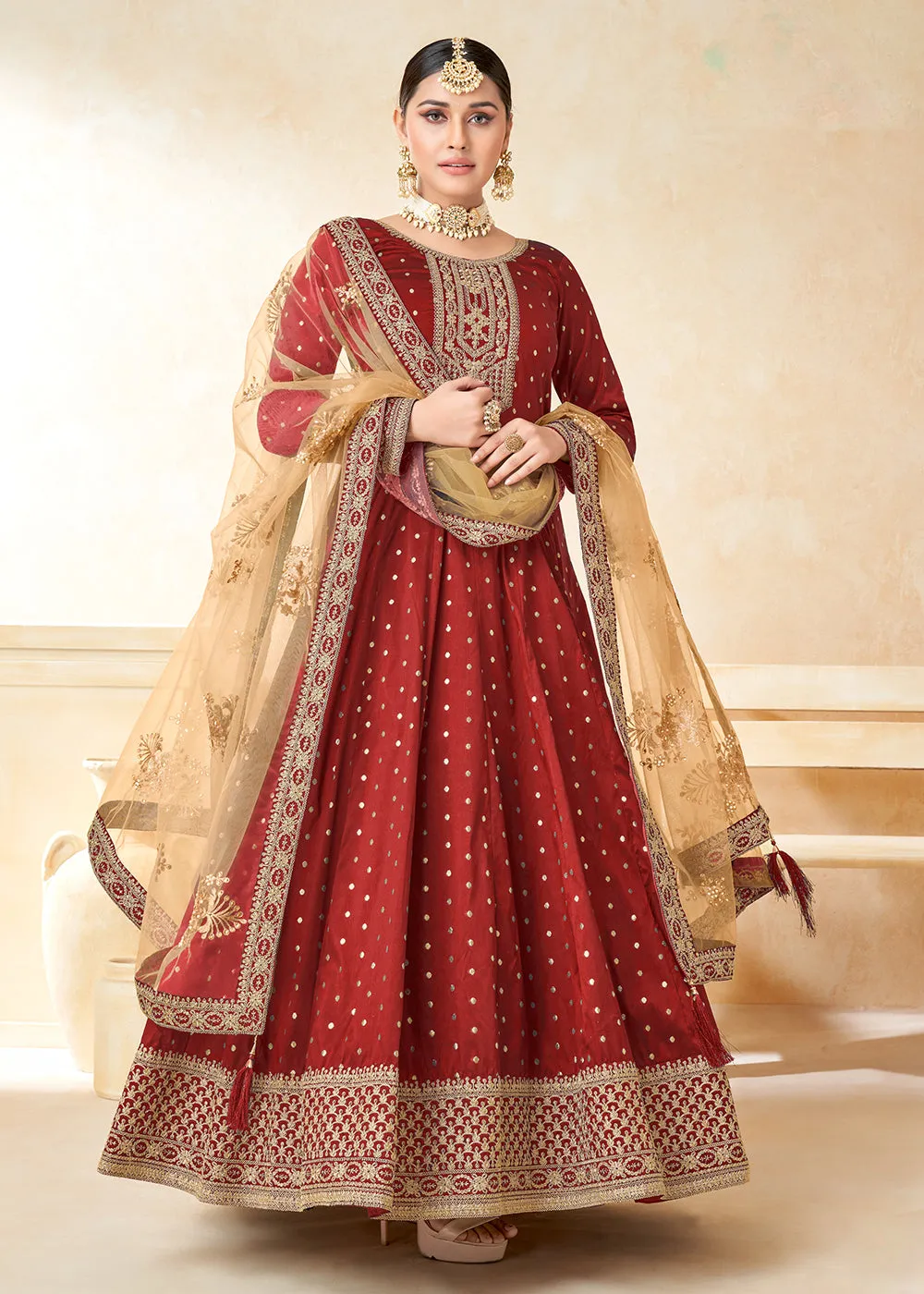 Red Silk Embroidered Indian Ethnic Wear Anarkali Dress