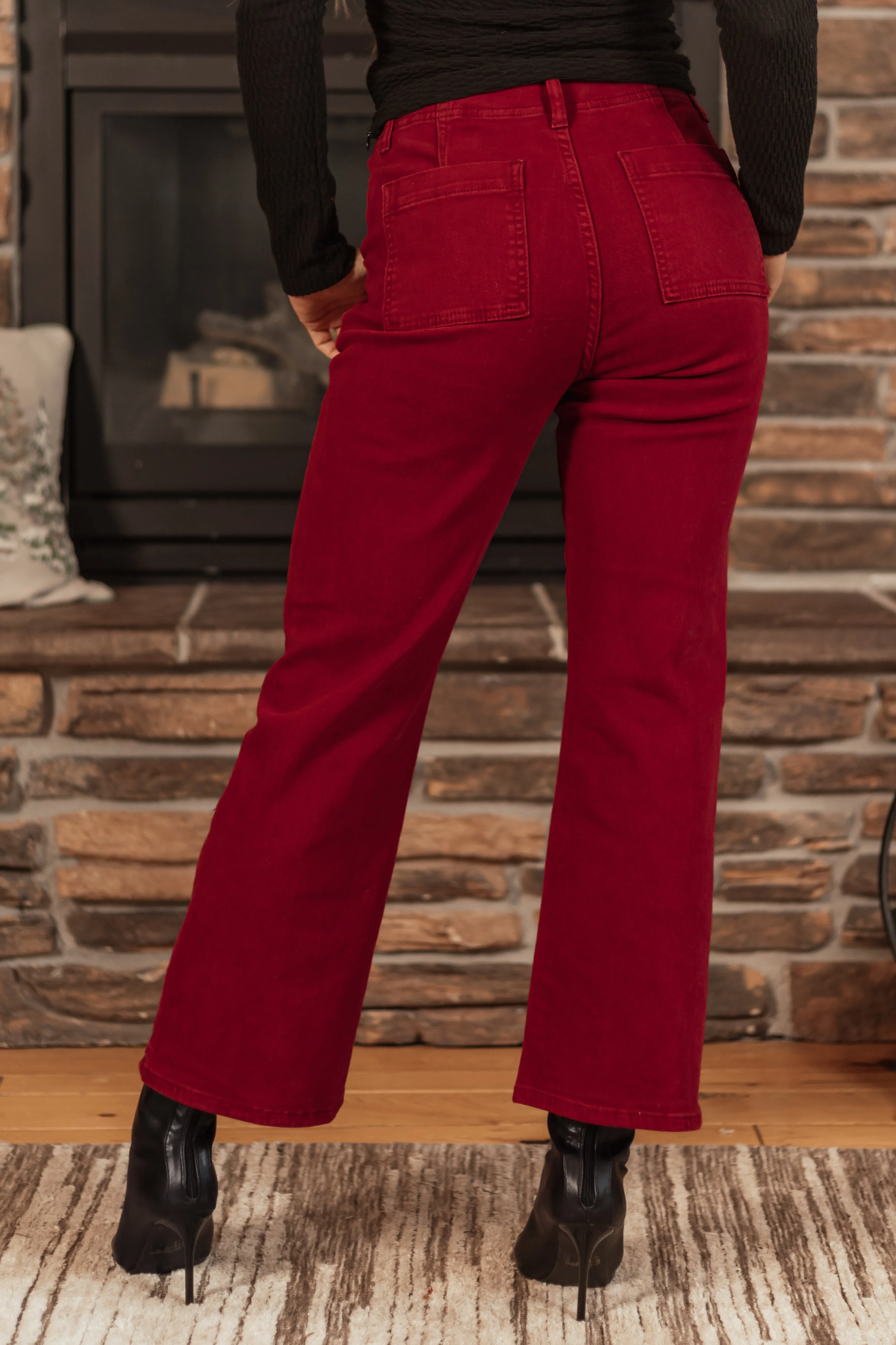 Risen Burgundy Patch Pocket Straight Ankle Jeans