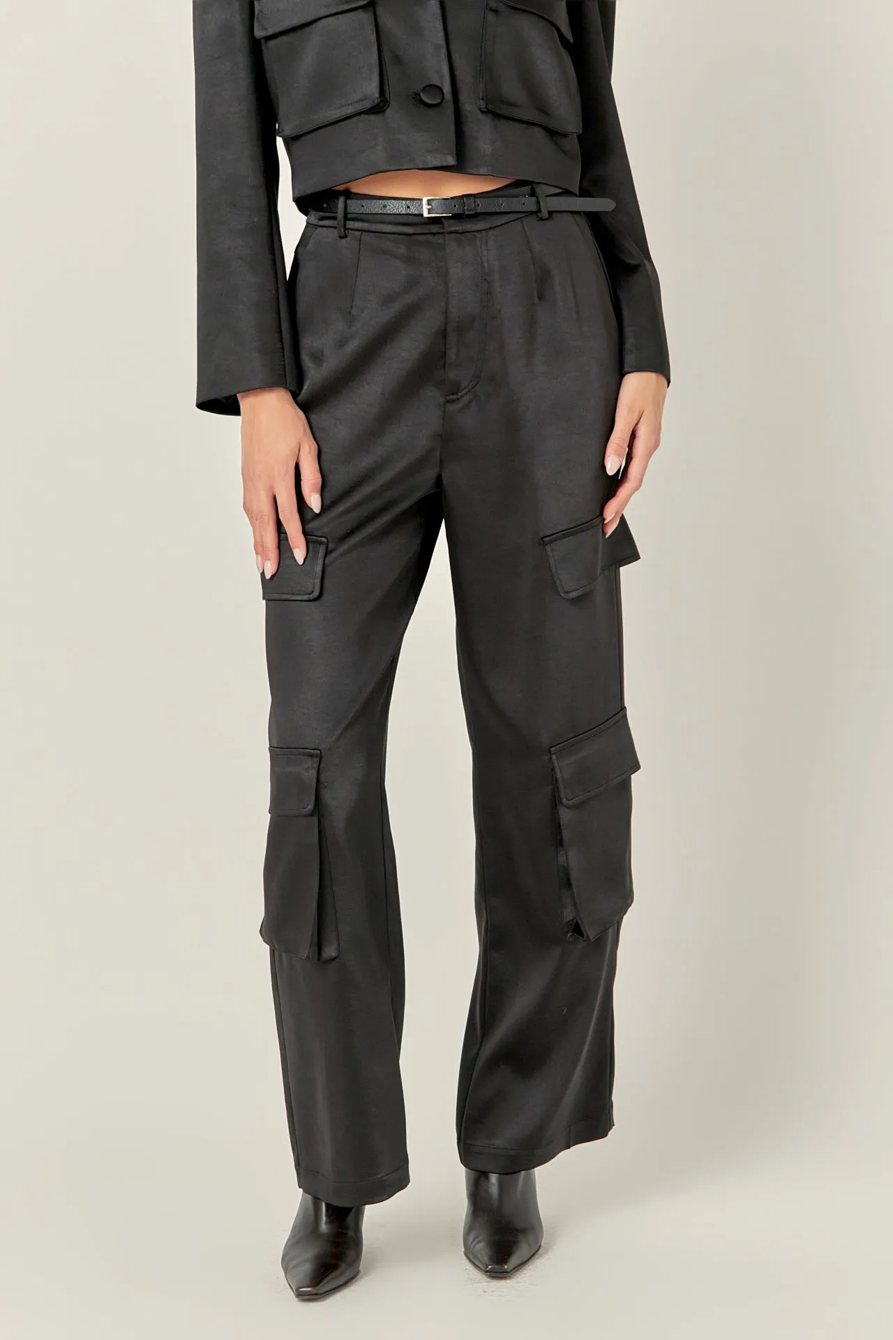 Satin Wide Leg Cargo Pants