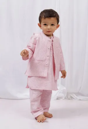 Set of 3: Pink striped Cotton Kurta and Pajama with Pink Striped Nehru Jacket