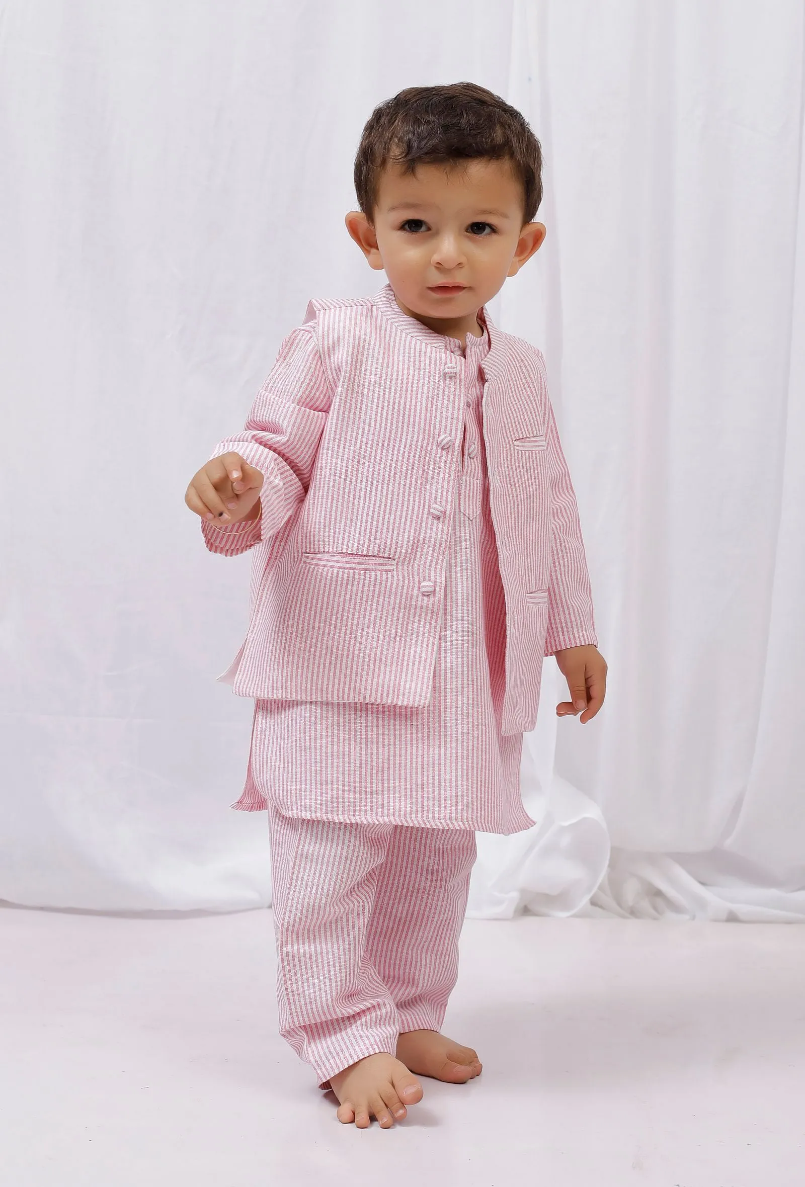 Set of 3: Pink striped Cotton Kurta and Pajama with Pink Striped Nehru Jacket