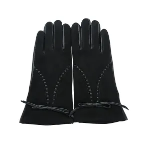 Sheepskin Leather Splicing Suede Gloves Elegant Bow Decor Elastic Gloves Autumn Winter Dating Coldproof Warm Gloves