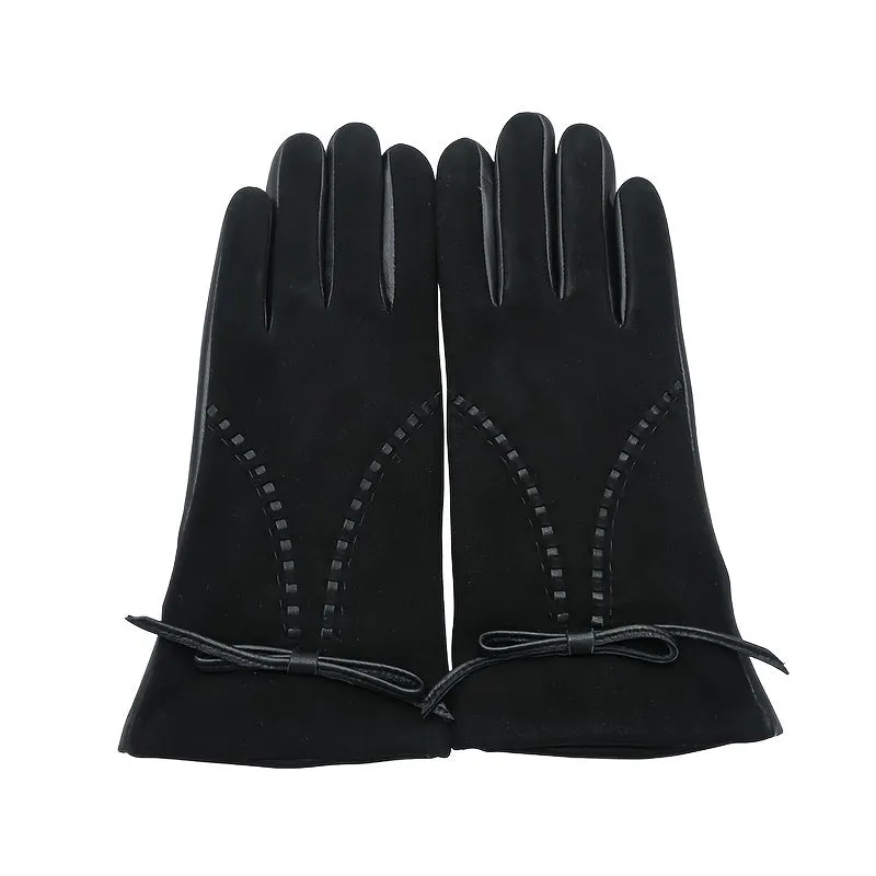 Sheepskin Leather Splicing Suede Gloves Elegant Bow Decor Elastic Gloves Autumn Winter Dating Coldproof Warm Gloves