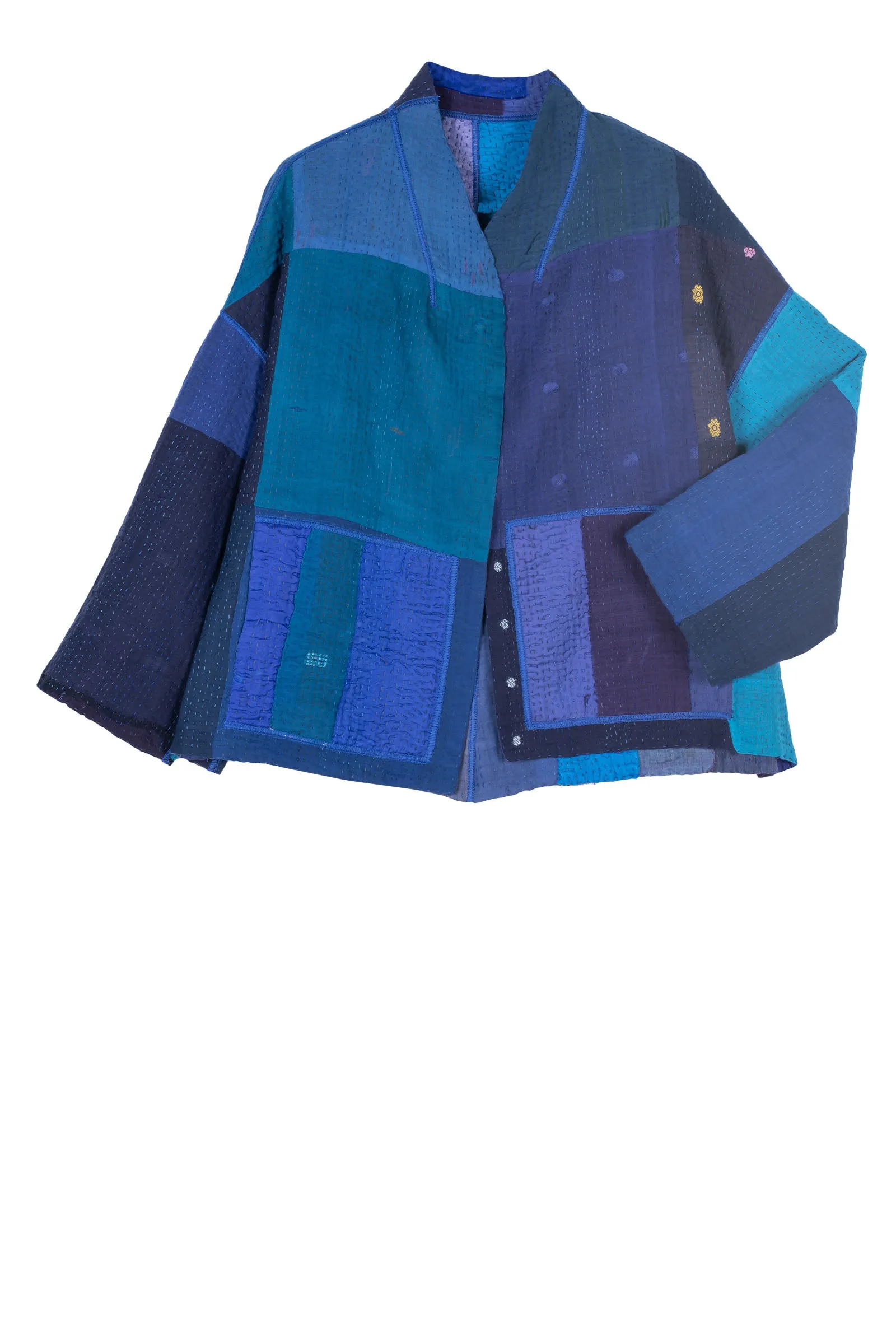 STRIPE AND CHECK COTTON SILK PATCH KANTHA STAND COLLAR CROPPED JACKET