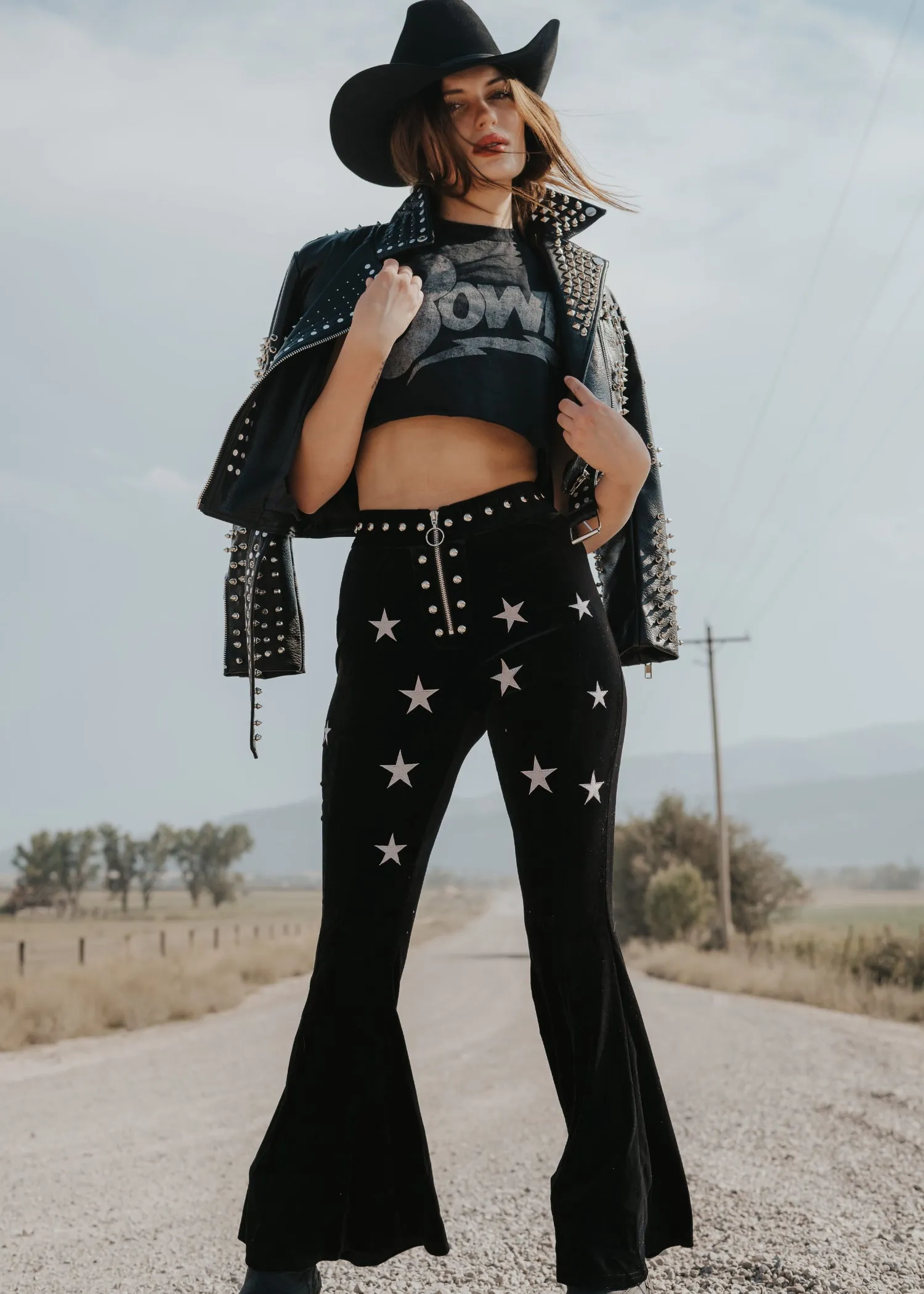 Studded Velvet Flare Pants Star Bell Bottoms