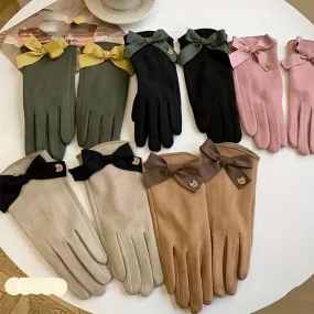 Stylish Bow Decor Gloves Women's Elegant Solid Color Flip Touch Screen Gloves Autumn Winter Outdoor Cold Protection Split Finger Gloves