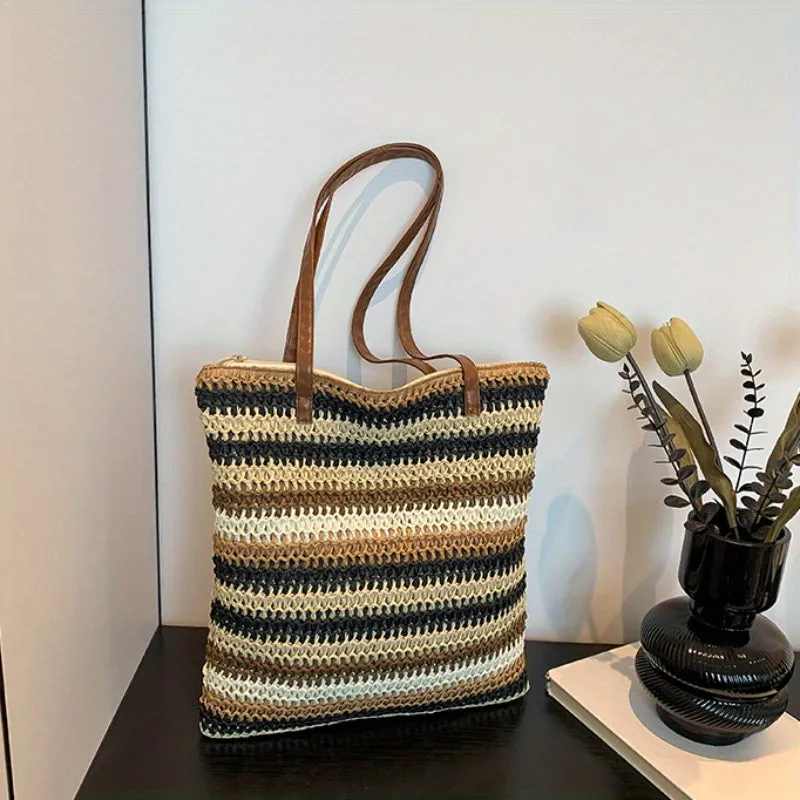 Stylish Stripe Woven Tote Bag - Women's Fashionable Shoulder Bag for Daily Commuting, Casual Outings, and Work - Spacious, Durable, and Easy to Carry