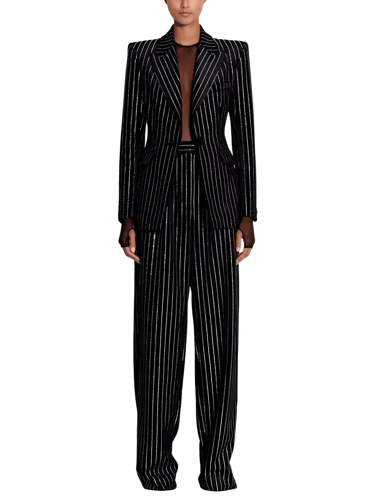 Suit Set Single Button Striped Blazer Women's Diamond Pants Suit 2PCS