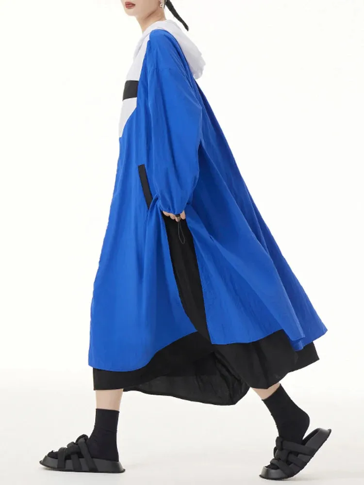 TEEK - Blue Color-Block Long Trench Hooded Windbreaker