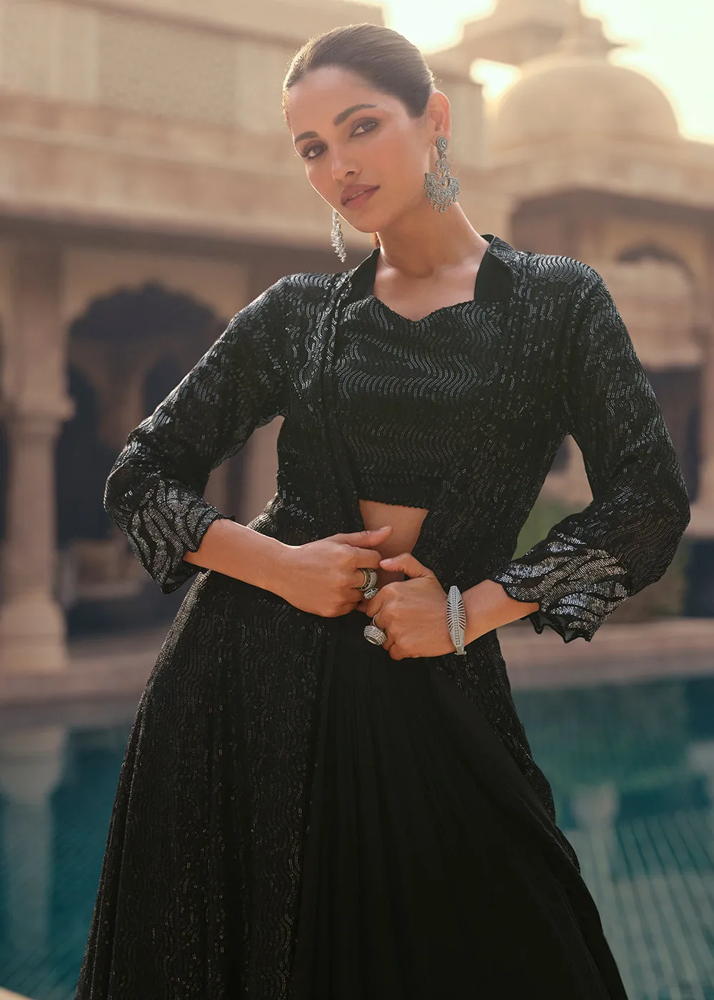 Tempting Black Embroidered Designer Indo Western Dress