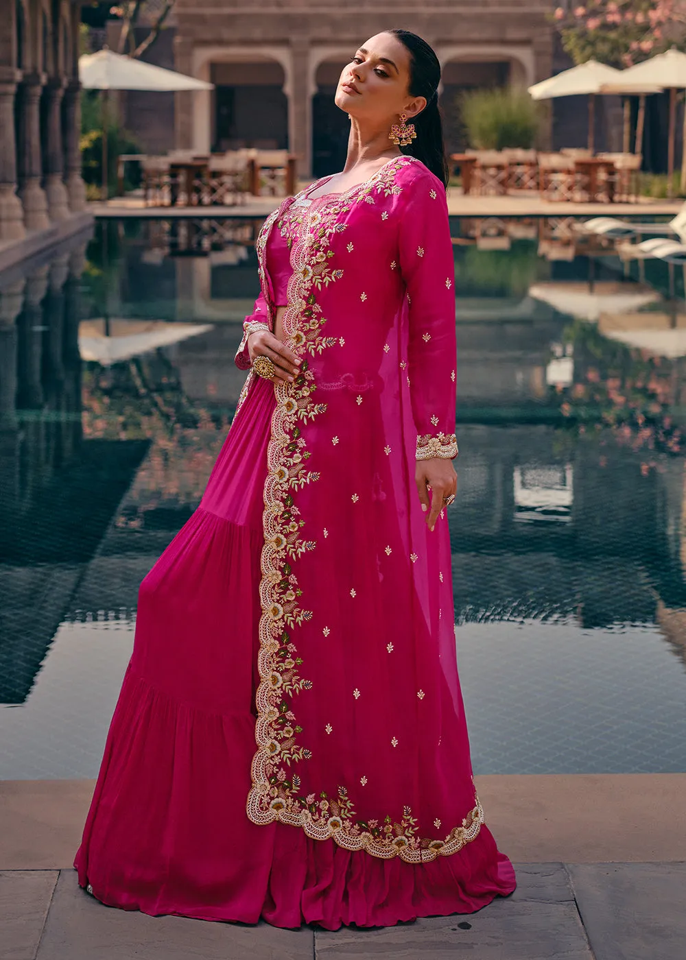 Tempting Pink Embroidered Designer Indo Western Dress