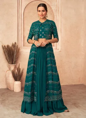 Turquoise Mirror Embroidery Jacket Style Traditional Lehenga Choli