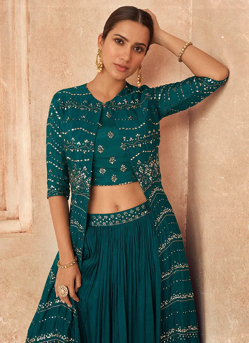 Turquoise Mirror Embroidery Jacket Style Traditional Lehenga Choli