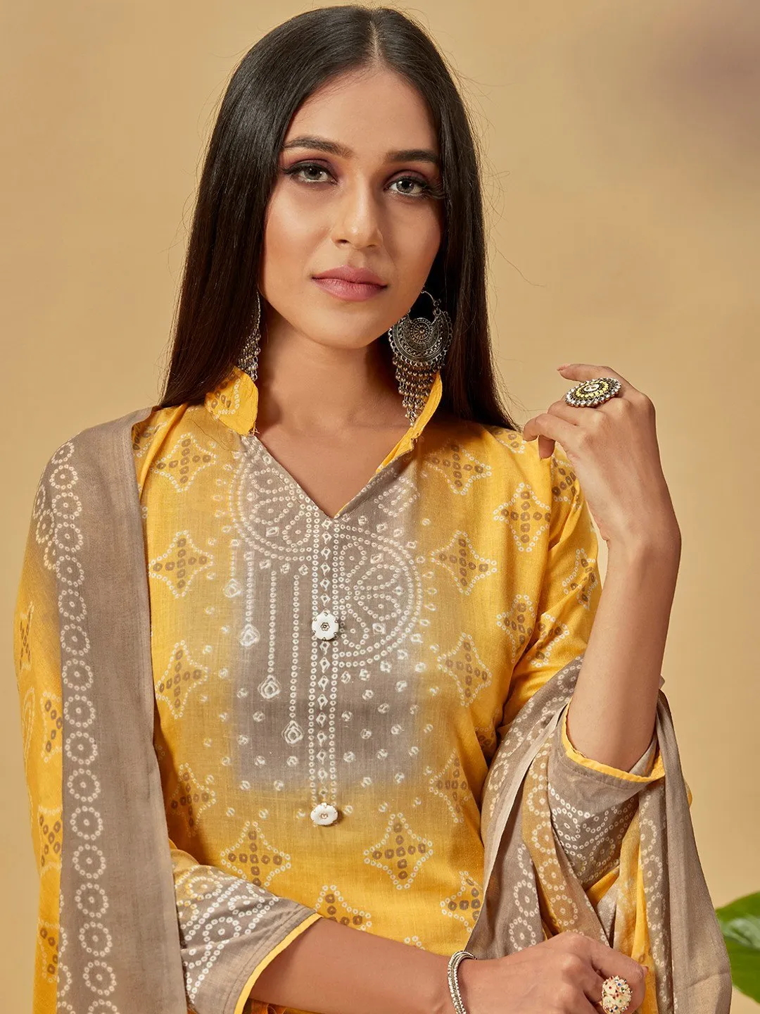 Unstitched Cotton Yellow Suit Dress Material for Ladies