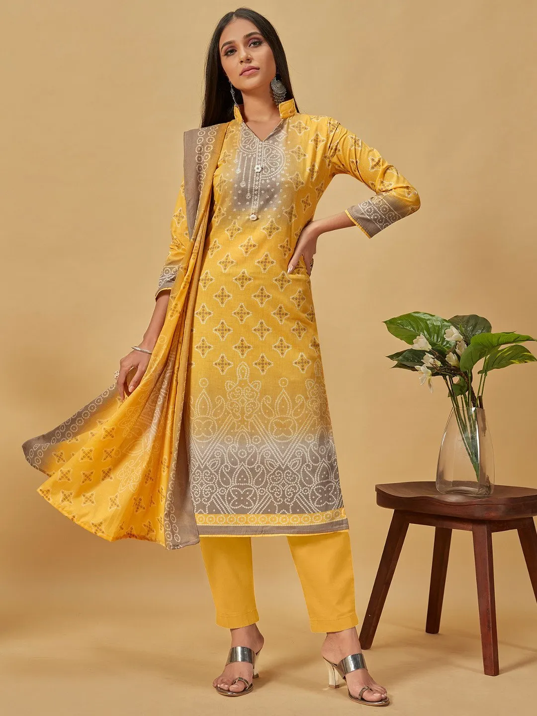 Unstitched Cotton Yellow Suit Dress Material for Ladies