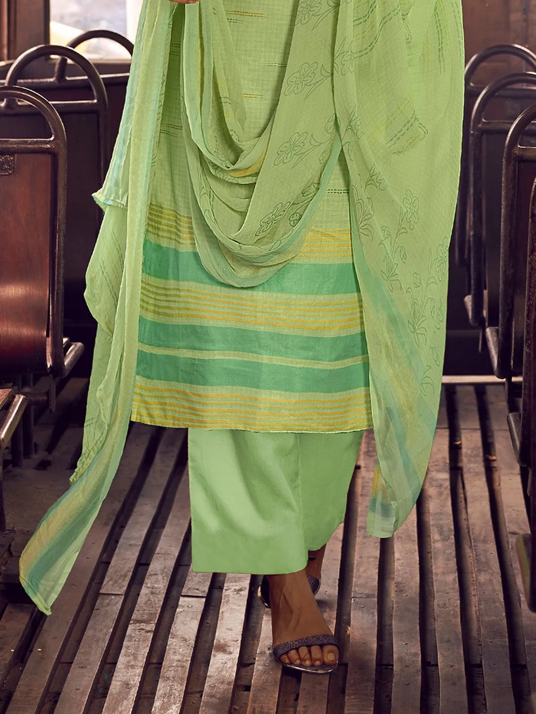 Unstitched Green Cotton Salwar Suit Dress Material