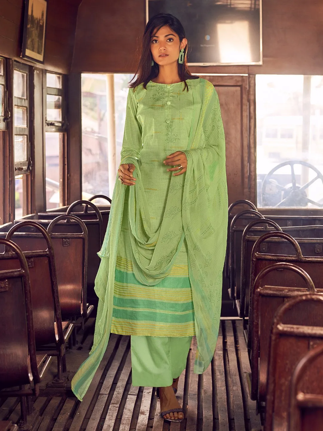 Unstitched Green Cotton Salwar Suit Dress Material