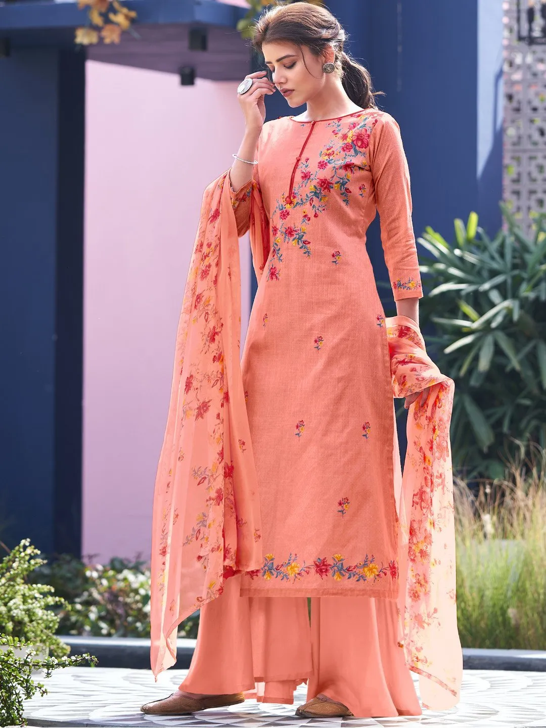 Unstitched Pink Cotton Salwar Kameez Material with Dupatta