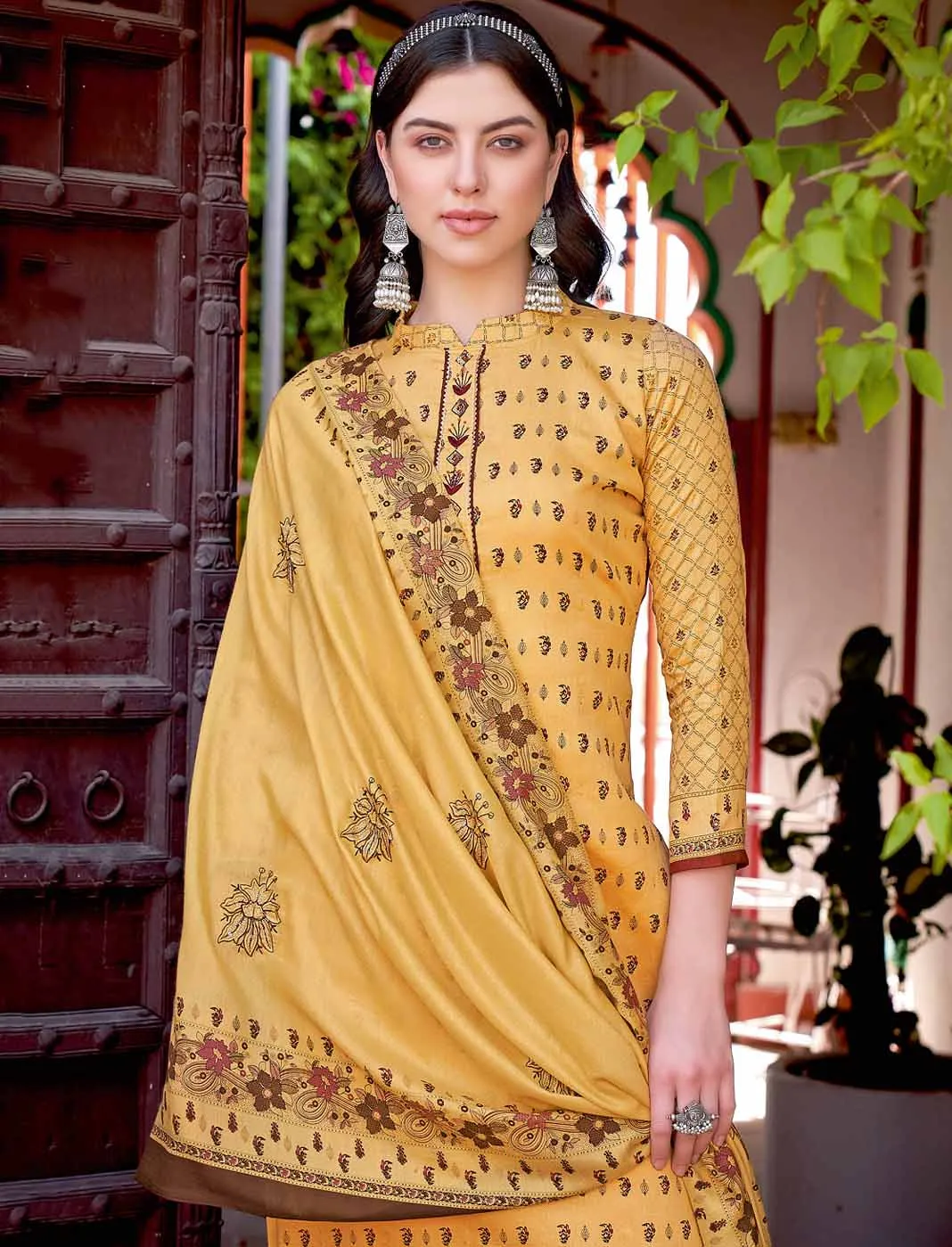 Unstitched Yellow Pure Cotton Suits Dress Material for Ladies