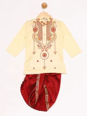 Vastramay Boy's Gold And Maroon Silk Blend Kurta and Dhoti Set