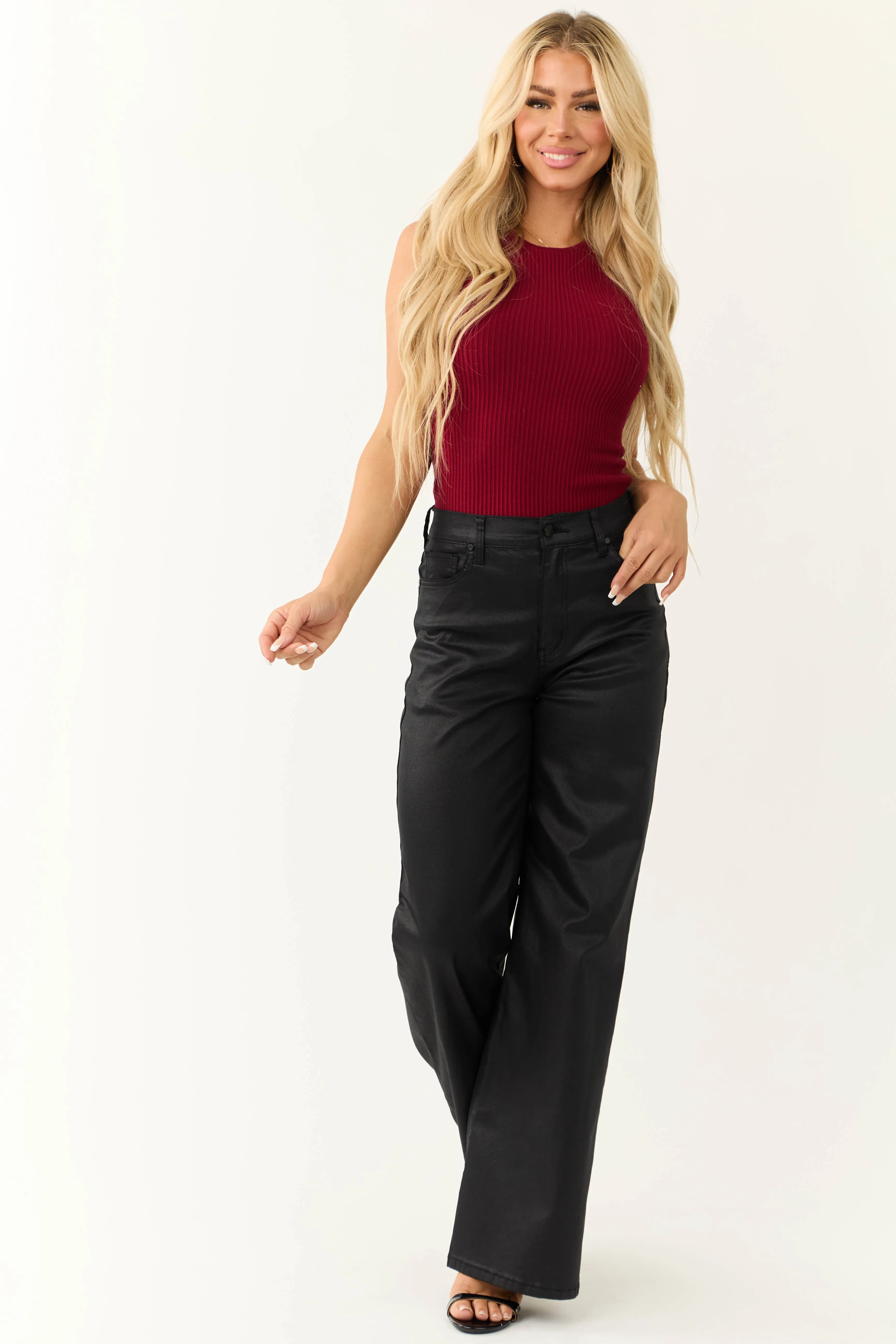 Vibrant Black High Rise Zipper Fly Wide Leg Coated Jeans