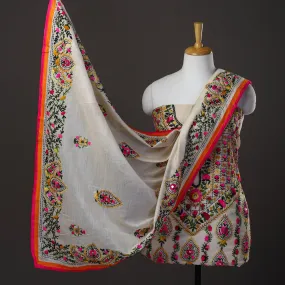 White - 3pc Hand Embroidery Chanderi Silk Phulkari Dress Material 64