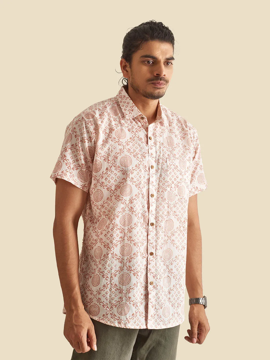 White Ethnic Block Printed Holiday Halfsleeves Cotton Shirt