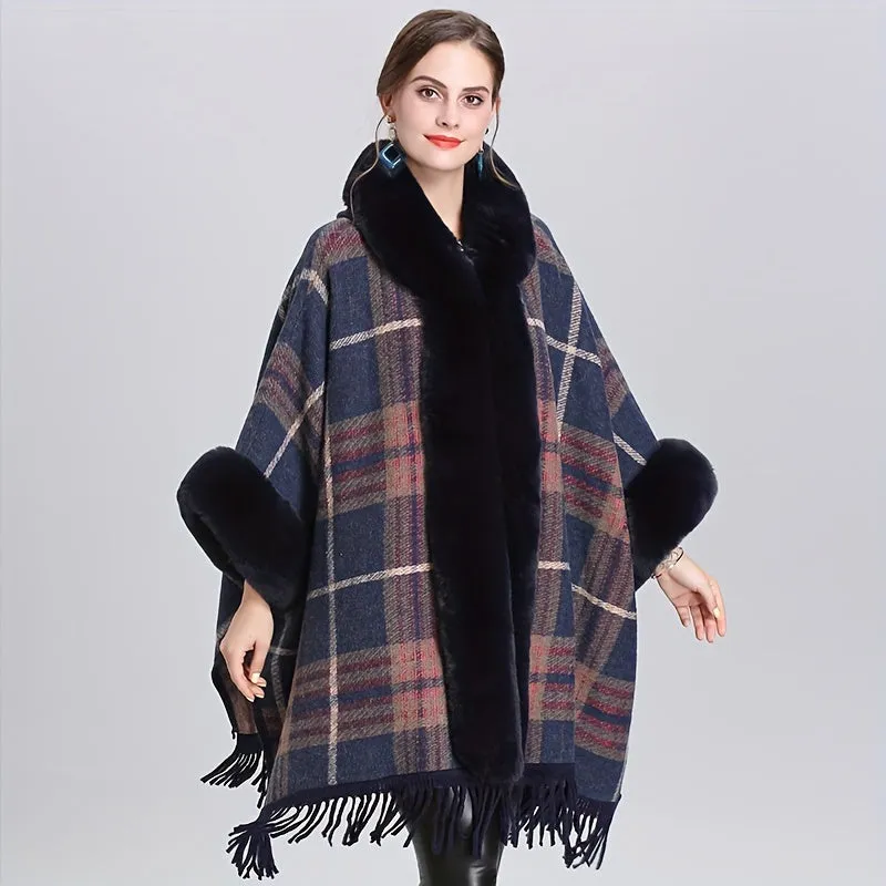 Winter Shawl Cape Coat - Ultra-Thick, Warm, and Soft Knitted Plaid Outwear with Tassel and Hood, Perfect for Mature Women in Cold Winter Season