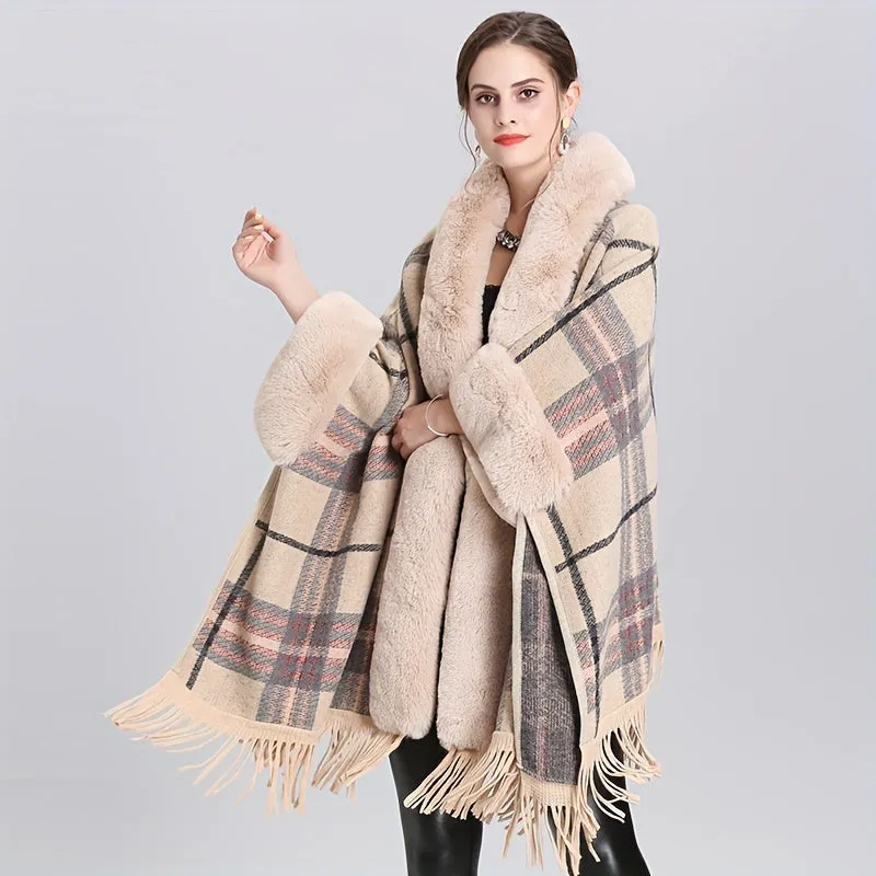 Winter Shawl Cape Coat - Ultra-Thick, Warm, and Soft Knitted Plaid Outwear with Tassel and Hood, Perfect for Mature Women in Cold Winter Season