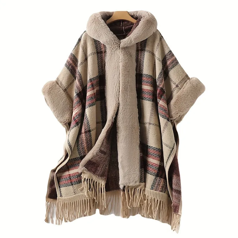 Winter Shawl Cape Coat - Ultra-Thick, Warm, and Soft Knitted Plaid Outwear with Tassel and Hood, Perfect for Mature Women in Cold Winter Season