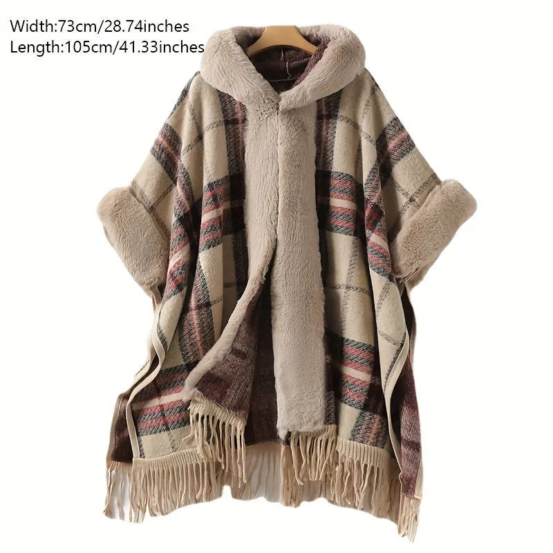 Winter Shawl Cape Coat - Ultra-Thick, Warm, and Soft Knitted Plaid Outwear with Tassel and Hood, Perfect for Mature Women in Cold Winter Season