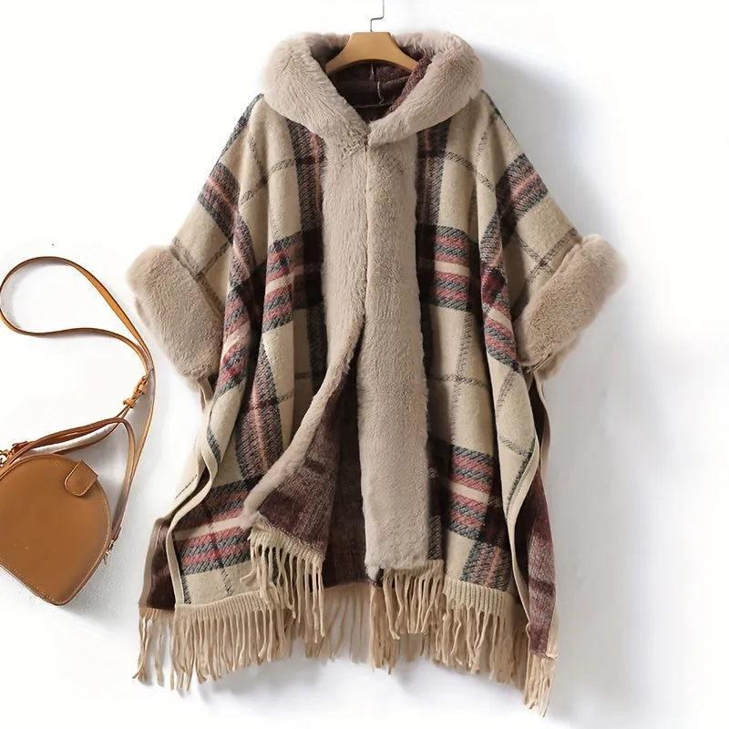 Winter Shawl Cape Coat - Ultra-Thick, Warm, and Soft Knitted Plaid Outwear with Tassel and Hood, Perfect for Mature Women in Cold Winter Season