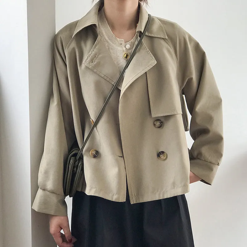 Wjczt 2024 Japanese Turn down Collar Full Regular Sleeve Khaki Trench Loose Straight Short Khaki Office Lady Fabric Belt Coat