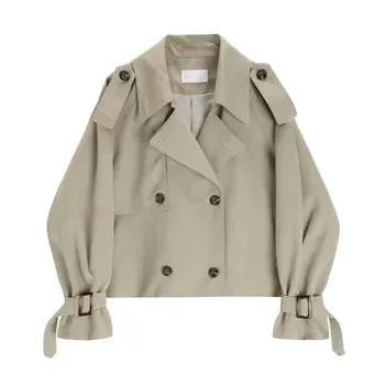 Wjczt 2024 Japanese Turn down Collar Full Regular Sleeve Khaki Trench Loose Straight Short Khaki Office Lady Fabric Belt Coat