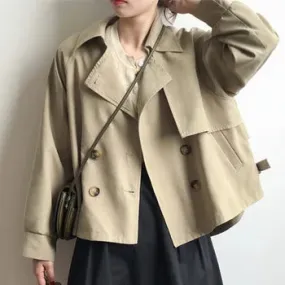 Wjczt 2024 Japanese Turn down Collar Full Regular Sleeve Khaki Trench Loose Straight Short Khaki Office Lady Fabric Belt Coat