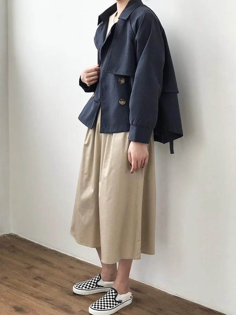 Wjczt 2024 Japanese Turn down Collar Full Regular Sleeve Khaki Trench Loose Straight Short Khaki Office Lady Fabric Belt Coat