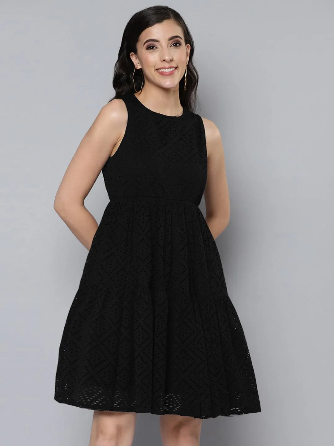 Women Black Schiffli Knee Length Tiered Dress