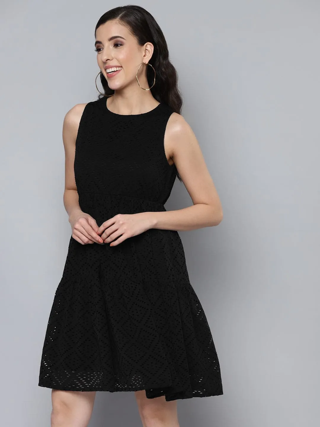 Women Black Schiffli Knee Length Tiered Dress